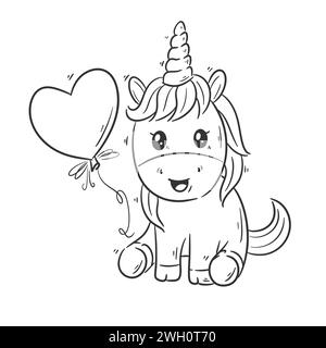 Cute Licorne joue avec le vecteur de dessin animé de ballons pour la coloration Illustration de Vecteur