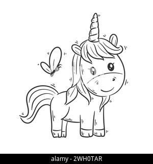Mignonne licorne debout avec vecteur de dessin animé papillon pour la coloration Illustration de Vecteur