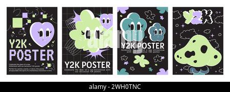 Y2K vibe groovy posters avec coeur, champignon, fleur, emoji en forme de nuage. Illustration de bande dessinée vectorielle de flyers futuristes rétro, smileys mignons avec des yeux, signes doodle sur fond noir, art rétrowave Illustration de Vecteur