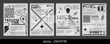 Jeu de bannières techno rétro futuristes. Illustration réaliste vectorielle d'affiches esthétiques rétroondes avec emoji pixel, flèches et éléments de conception filaire sur fond blanc, flyers d'ambiance esthétique y2k Illustration de Vecteur