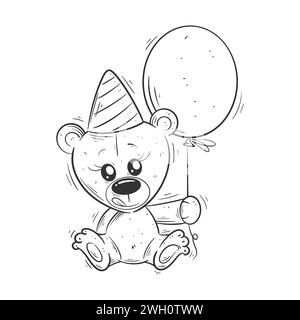 Ours mignon assis portant chapeau d'anniversaire et tenant des ballons pour la coloration Illustration de Vecteur