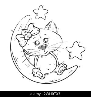 Chat mignon est assis sur la lune pour la coloration Illustration de Vecteur