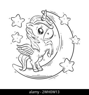 Mignonne licorne est sur la lune pour la coloration Illustration de Vecteur