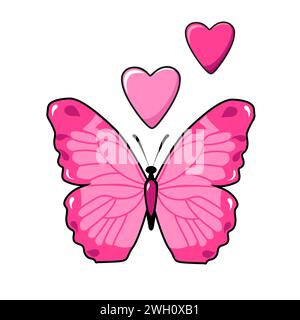 Icône vecteur mignon papillon rose avec des coeurs pour la Saint-Valentin. Collection d'éléments de design plat. Illustration de dessin animé minimale pour la conception de bannière Web et Illustration de Vecteur