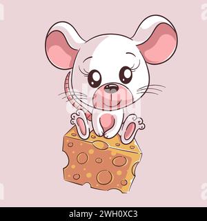Souris mignonne assise sur du fromage Illustration de Vecteur