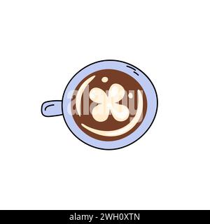 Illustration vectorielle Doodle vue supérieure de tasse à café. Élément de design mignon. Café cappuccino dessiné à la main simple avec motif artistique en mousse. Illustration de Vecteur