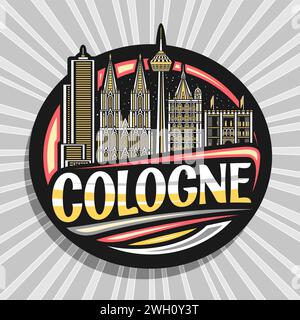 Logo vectoriel pour Cologne, étiquette décorative avec illustration de ligne du célèbre paysage de ville européenne de cologne sur fond de ciel crépusculaire, réfrigérateur de design d'art Illustration de Vecteur