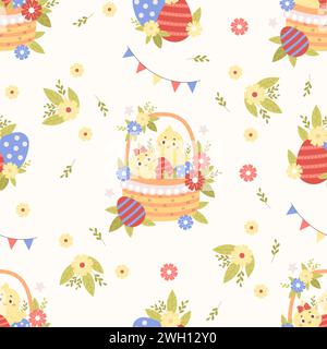 Modèle sans couture avec de petits poussins mignons dans le panier de Pâques avec des œufs et des fleurs sur fond blanc. Illustration vectorielle pour la conception Pascal, papier peint Illustration de Vecteur