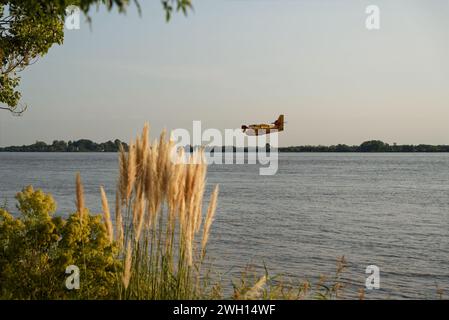 Canadairs du pompier en vol, se remplissant d'eau, sur la rivière Dordogne en Gironde Banque D'Images