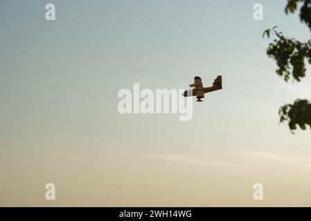 Canadairs du pompier en vol, se remplissant d'eau, sur la rivière Dordogne en Gironde Banque D'Images