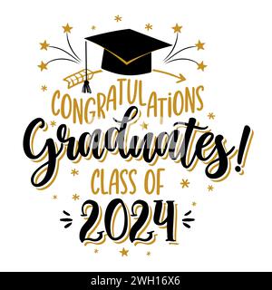 Félicitations diplômés classe de 2024 - modèle de conception de badge dans les couleurs noir et or. Félicitations aux diplômés 2024 carte autocollante bannière avec acad Illustration de Vecteur