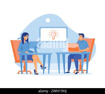 Assistant en ligne au travail. Manager au travail à distance, à la recherche de nouvelles solutions d'idées, travailler ensemble dans l'entreprise, brainstorming. moder vectoriel plat Illustration de Vecteur