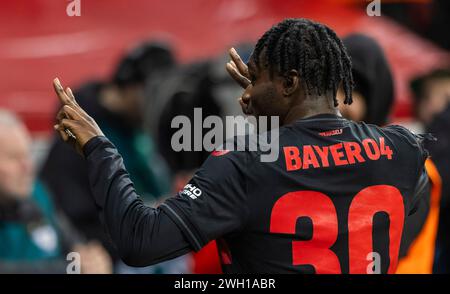 Leverkusen, Allemagne. 06th Feb 2024. JEREMIE Frimpong (Leverkusen) Bayer Leverkusen - VfB Stuttgart 06.02.2024 Copyright (nur für journalistische Banque D'Images