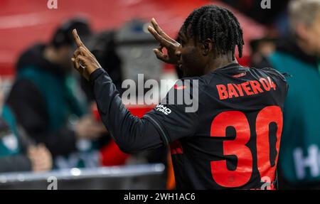 Leverkusen, Allemagne. 06th Feb 2024. JEREMIE Frimpong (Leverkusen) Bayer Leverkusen - VfB Stuttgart 06.02.2024 Copyright (nur für journalistische Banque D'Images