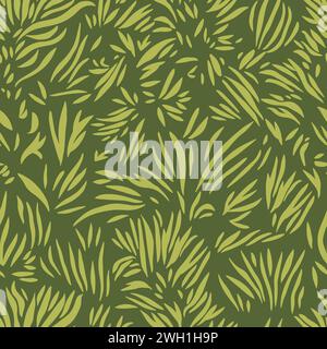 Forme d'herbe organique sur fond vert foncé. Motif sans couture dessiné à la main. Illustration de Vecteur