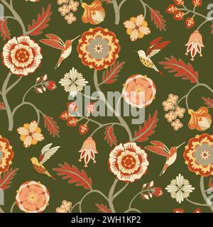 Motif floral rouge carmin et vert. Style floral indien historique Illustration de Vecteur