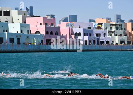 Doha, Qatar. 7 février 2024. Les nageuses participent à la finale féminine de 5 km en eau libre aux Championnats du monde de natation 2024 à Doha, Qatar, le 7 février 2024. Crédit : du Yu/Xinhua/Alamy Live News Banque D'Images