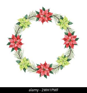 Couronne avec la main aquarelle dessiner des fleurs de poinsettia. Banque D'Images