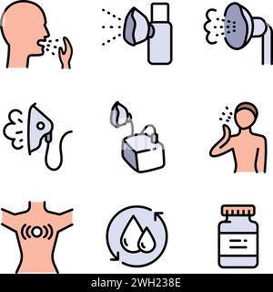 Ensemble vectoriel de nébuliseurs de différents types. Illustration vectorielle. Collection de panneaux de nébuliseur. Matériel médical pour l'inhalation dans les maladies, l'asthme Illustration de Vecteur