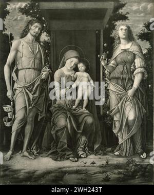 Vierge à l'enfant entre Saint Jean Baptiste et Marie Madeleine, peinture de l'artiste italien Andrea Mantegna, années 1900 Banque D'Images