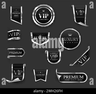 Étiquettes et bannières VIP de luxe en argent, rubans ou badges et autocollants vectoriels de qualité supérieure. Étiquettes de certificat VIP et emblèmes noirs argentés exclusifs ou étiquettes de qualité premium avec couronne et étoiles Illustration de Vecteur