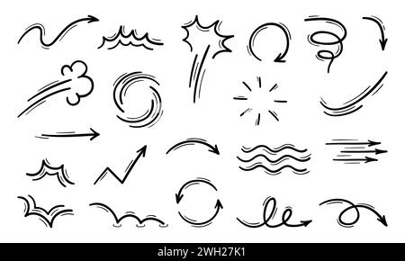 Lignes de mouvement et de mouvement, flèches, vagues de courbe et bouffée de boom, icônes vectorielles. Cartoon FX effet et symboles linéaires abstraits de nuage d'explosion, spirale bouclée et pointeur de flèche zigzag avec soleil et cercles Illustration de Vecteur