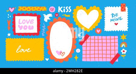 Mémo papier de Saint-Valentin sur les autocollants. Vector vintage notes adhésives et pages avec des bords déchirés Illustration de Vecteur