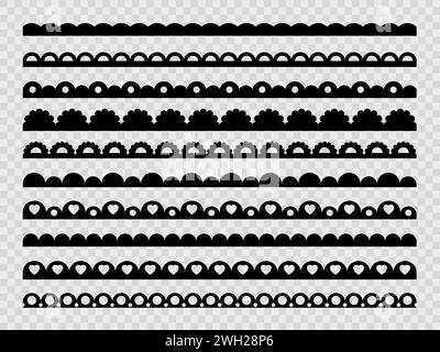 Cadres de dentelle festonnée, bordures de bord et séparateurs, ornements de feston vectoriels. Rubans à volants ou motifs en tissu avec des lignes de vague coupées en papier vintage, des cadres festonnés sans couture avec des silhouettes de fleurs et de coeurs Illustration de Vecteur