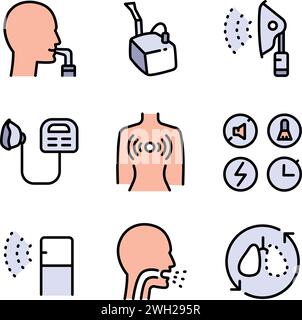 Collection de panneaux de nébuliseur. Matériel médical pour l'inhalation dans les maladies, l'asthme, la bronchite. Ensemble vectoriel de nébuliseurs de différents types. Vecteur Illustration de Vecteur