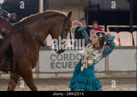 Un danseur de flamenco se retrouve face à face avec un cheval andalou lors d'une performance publique de dressage, « passion and Spirit of the Andalusian Horse » Eque Banque D'Images