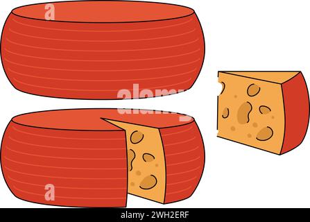 Roue de fromage de dessin animé avec croûte cireuse rouge. Une pièce triangulaire découpée dans une meule de fromage ronde Illustration de Vecteur