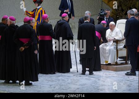 Italie, Rome, 7 février 2024 : le Pape François lors de l'audience générale hebdomadaire dans la salle Paolo VI photo © Stefano Carofei/Sintesi/Alamy Live News Banque D'Images