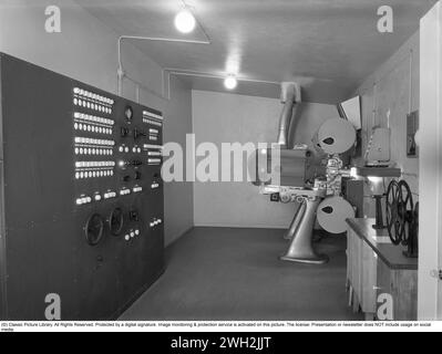 Dans les coulisses du cinéma. Le cinéma dans les années 1950 La salle de projection d'un cinéma à Stockholm. Deux projecteurs de film sont utilisés. Comme les longs métrages ne tenaient pas sur un rouleau de film, il était important que le machiniste soit habile à passer au projecteur suivant avec le rouleau suivant le moment venu. L'opérateur de cinéma gère également l'éclairage de la salle de cinéma. Un panneau de commande sur la gauche contrôle la lumière dans la salle de cinéma, les lumières de scène et aussi le rideau. années 1950 Banque D'Images