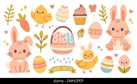 Ensemble de Pâques mignon. Collection printanière d'animaux, de fleurs et de décorations. Pour affiche, carte, scrapbooking, autocollants Illustration de Vecteur