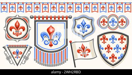 Vector Fleur de lis Set, bannière horizontale avec collection d'illustrations découpées de différentes fleurs de lis rouges et bleues, buntin sans couture Illustration de Vecteur