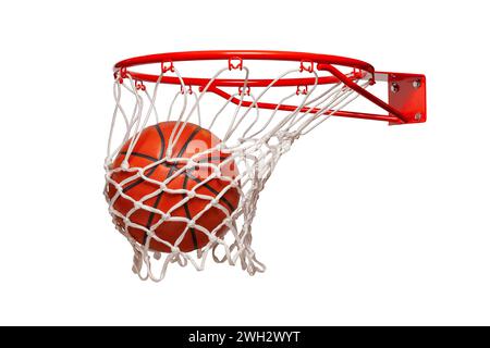 Basket-ball tombant dans le filet sur un cerceau isolé sur un fond blanc Banque D'Images