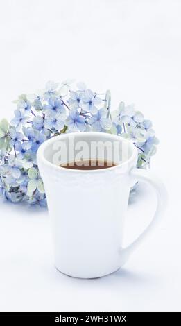Tasse à café, tasse et fleur d'hortensia sur fond blanc Banque D'Images