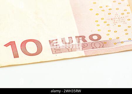 Gros plan macro détail des billets de banque EN EUROS, détail photo de l'EURO. Concept de monnaie mondiale, concept d'inflation et d'économie. Prise de vue détaillée des billets de 10 euros Banque D'Images