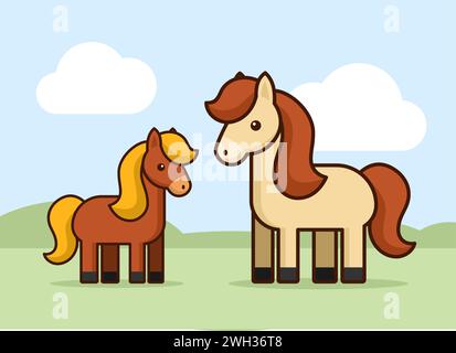 Chevaux de différentes couleurs dans le pré toile de fond de la nature. Paysage de campagne avec champ d'été, ciel bleu et cheval animal fermier. Vecteur Illustration de Vecteur