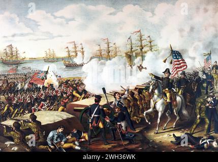 Guerre de 1812. La bataille de la Nouvelle-Orléans. L'image divise le général Andrew Jackson, sur un cheval blanc, menant ses troupes dans la défense de la Nouvelle-Orléans le 8 janvier 1815, la dernière grande bataille de la guerre de 1812. Banque D'Images