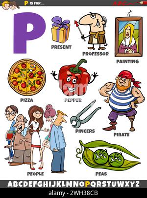 Illustration de dessin animé d'objets et de caractères définis pour la lettre P. Illustration de Vecteur
