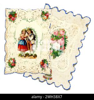 Cartes de Saint-Valentin en dentelle de papier victorienne originales, messages à l'intérieur. Royaume-Uni vers 1890. Banque D'Images