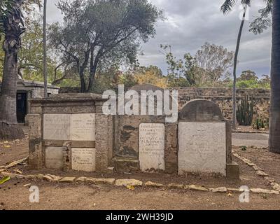 Santa Barbara, CA, États-Unis - 18 décembre 2023 : pierres tombales du XIXe siècle au cimetière historique de Old Mission. Arbres verts et nuages gris Banque D'Images