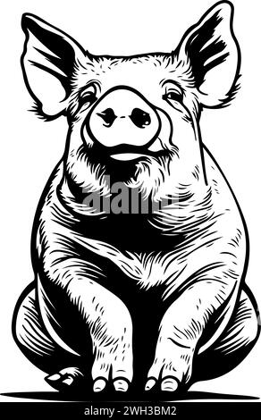 Une ligne de vue de face dessinant un croquis à l'encre noire et blanche d'un cochon gras mignon assis sur le sol directement face à la caméra Illustration de Vecteur