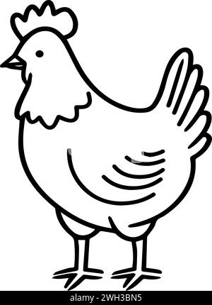 Un dessin simpliste en noir et blanc d'un poulet sur un fond blanc transparent - angle de profil de vue latérale Illustration de Vecteur