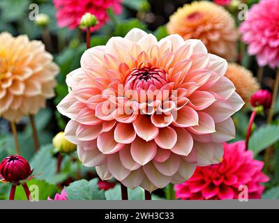 Dahlia en fleurs (hybride Dahlia) dans un jardin. Illustration de Vecteur