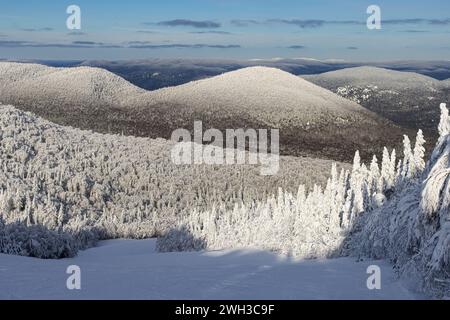Panorama hivernal majestueux du Mont Tremblant : les montagnes enneigées embrassent la sérénité du Québec. Piste de ski immaculée du Mont Tremblant et enneigée Banque D'Images