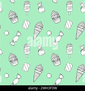 Bonbons et bonbons sans couture. Desserts en style croquis. Illustration vectorielle dessinée à la main isolée sur fond blanc Illustration de Vecteur