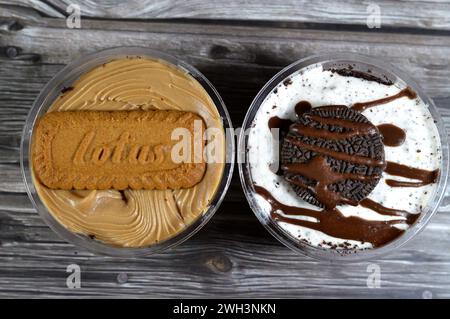 Le Caire, Egypte, 5 février 2024 : mousse de biscuit crémeux Lotus et Oreo avec sauce au chocolat, avec gâteau au fudge par Remas Land, une mousse est un f préparé mou Banque D'Images