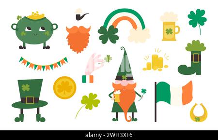 Prog Ensemble d'éléments plats vectoriels de Patrick Day. Trèfle verte, chapeau, leprechaun, bière. Symboles de l'Irlande Illustration de Vecteur